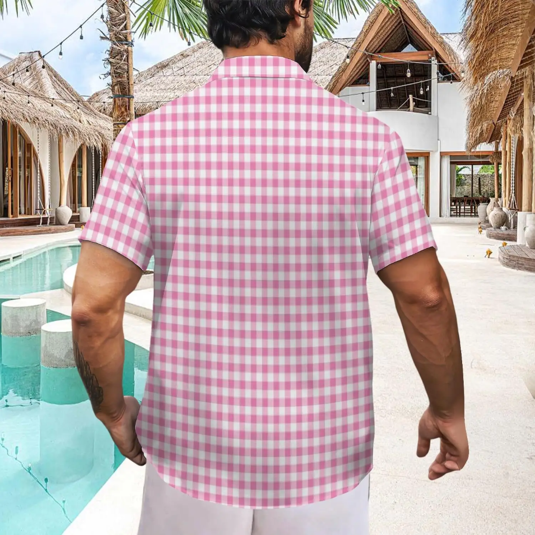 Hawaiian Pink Gingham Button Down Shirt Short Sleeves