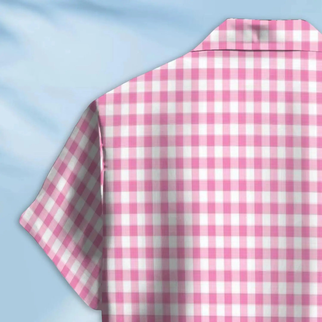 Hawaiian Pink Gingham Button Down Shirt Short Sleeves