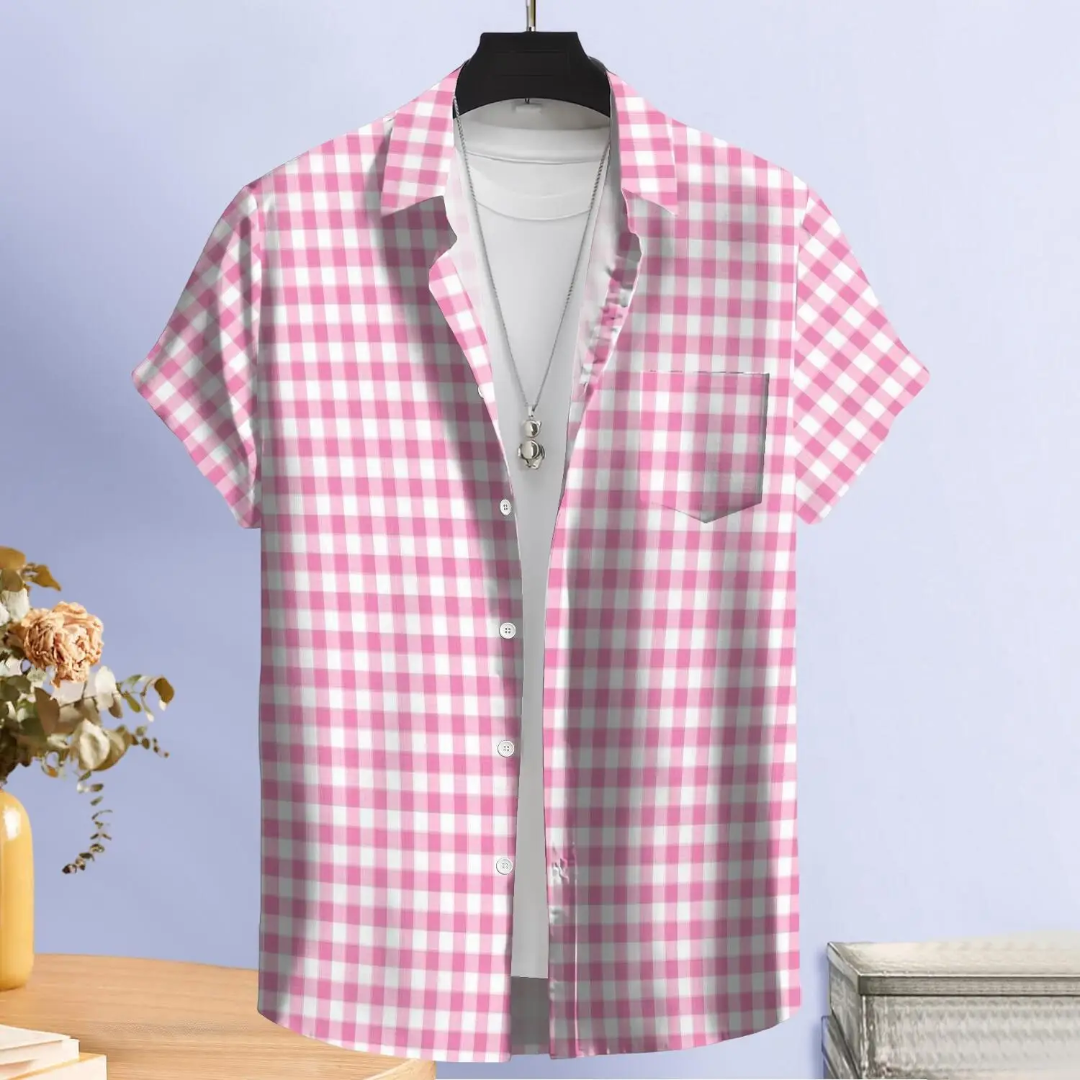 Hawaiian Pink Gingham Button Down Shirt Short Sleeves