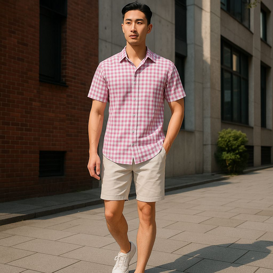 Hawaiian Pink Gingham Button Down Shirt Short Sleeves